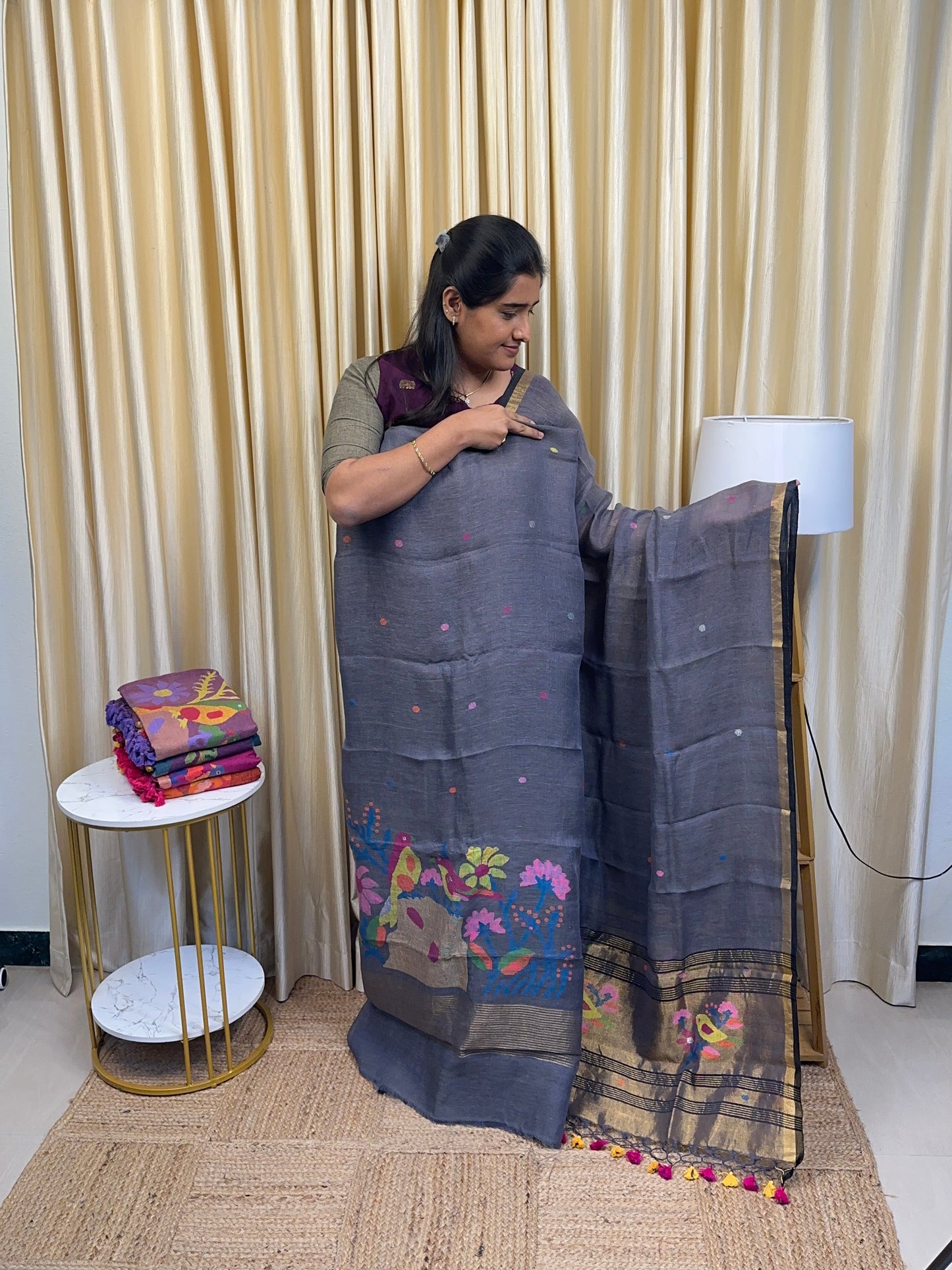 Heavy Linen Paithani Jamdhani-Grey