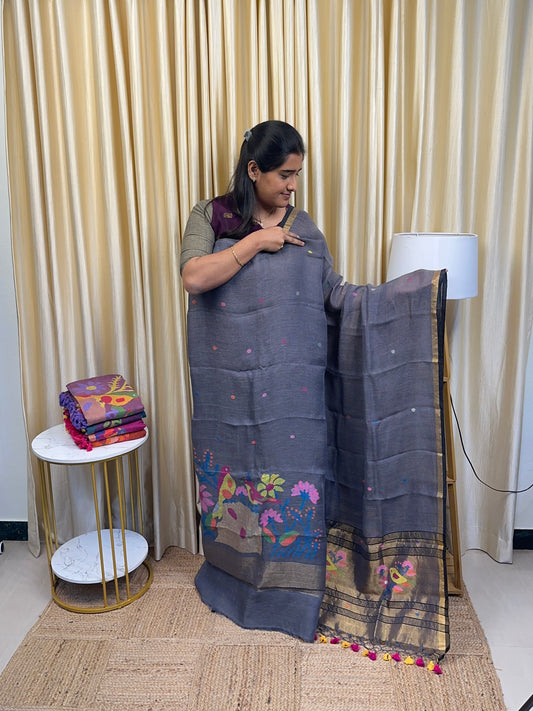 Heavy Linen Paithani Jamdhani-Grey