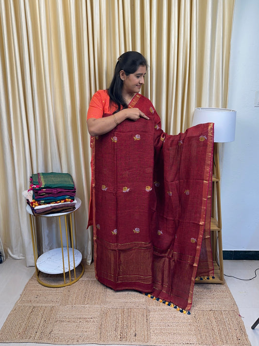 ZARA Rose Linen Jamdhani [handwork ] - Maroon