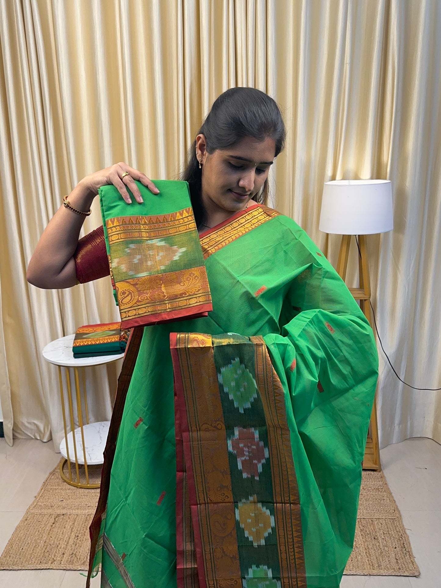 Light green Pochampalli border kanchi cotton