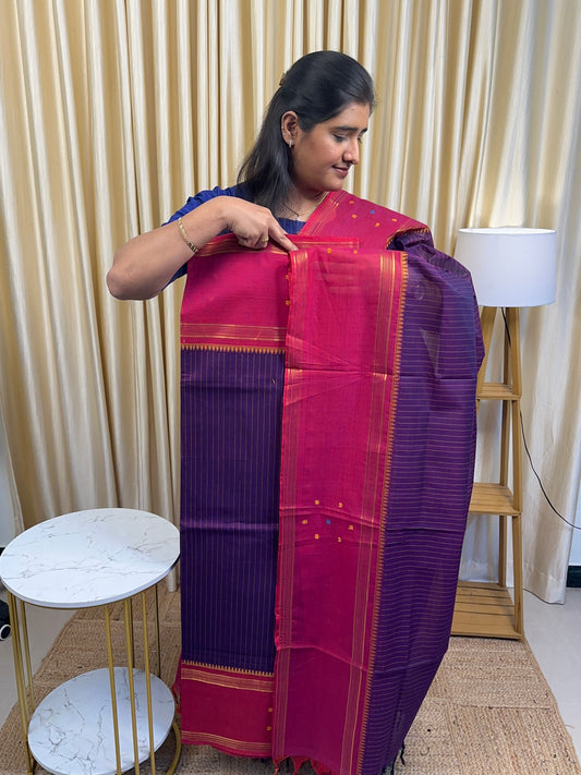 Deep purple and pink stripes Chettinad cotton (with butta)