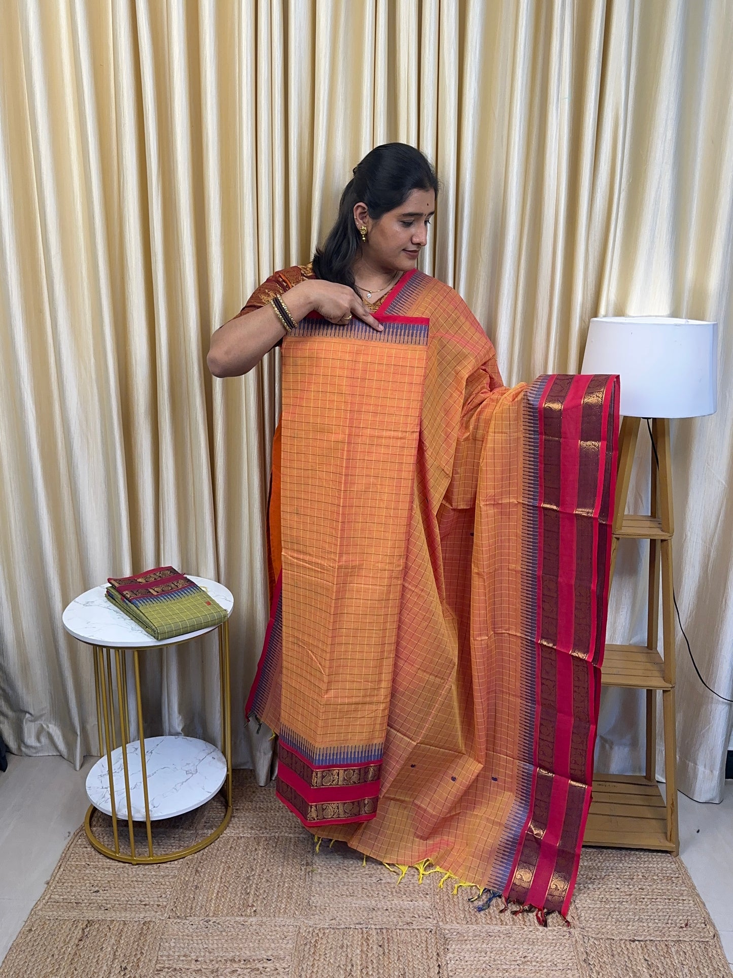 Mayil Kattam Chettinad cotton [orange 2 piece set ]