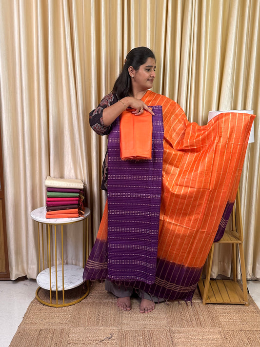 Katan silk by cotton blend 3 piece set-Purple and orange