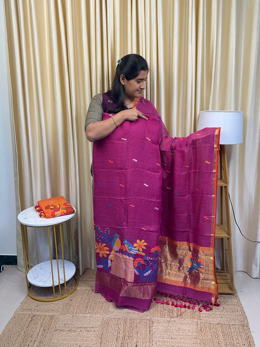 Heavy Linen Paithani Jamdhani-Magenta