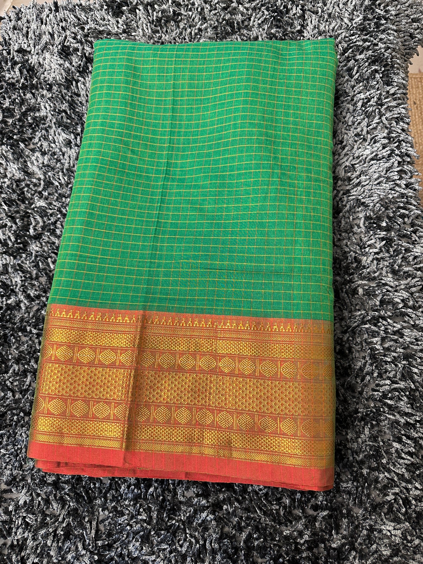 Narayanpet Royal border checks fabric 1 meter cut  - Light green