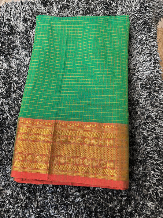 Narayanpet Royal border checks fabric 1 meter cut  - Light green