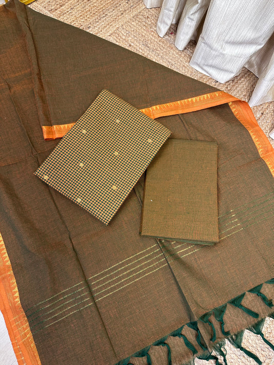 Kandangi check -South cotton 3 piece set-  Green