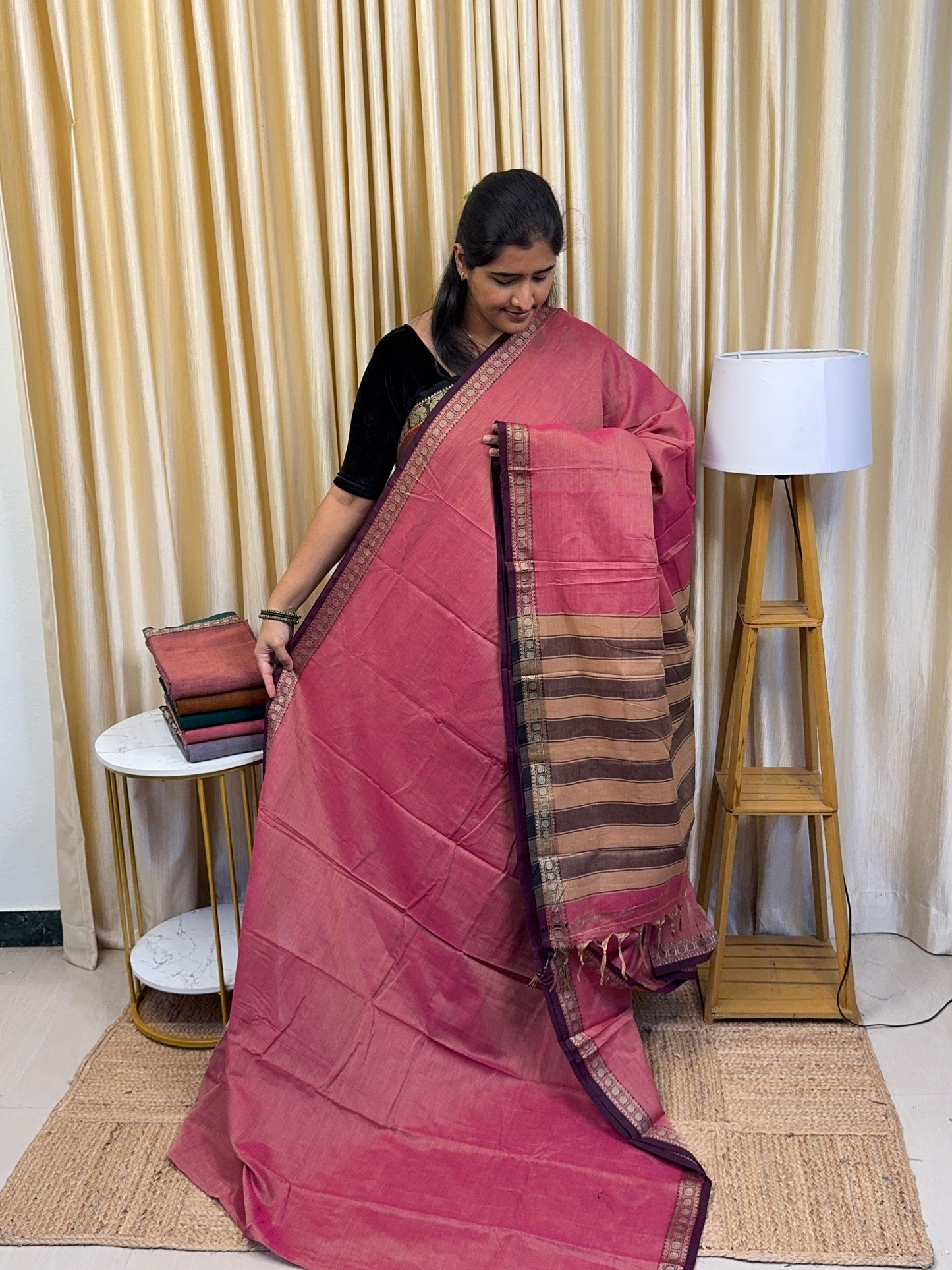 Narayanpet saree coin border with running blouse - pink