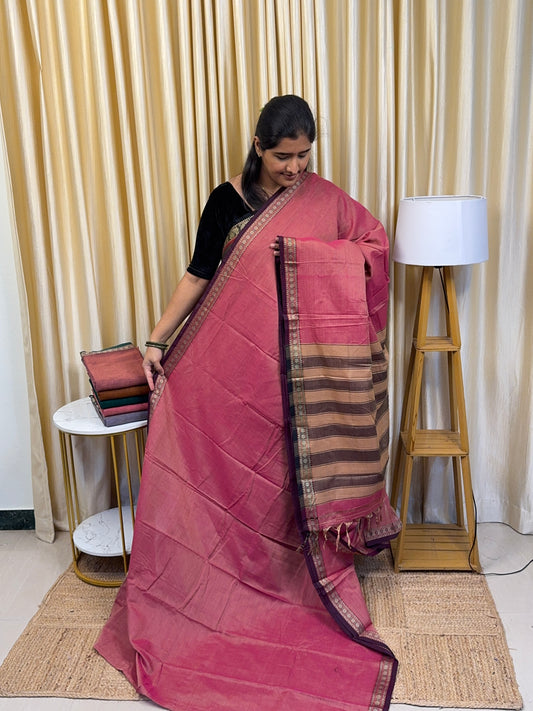 Narayanpet saree coin border with running blouse - pink