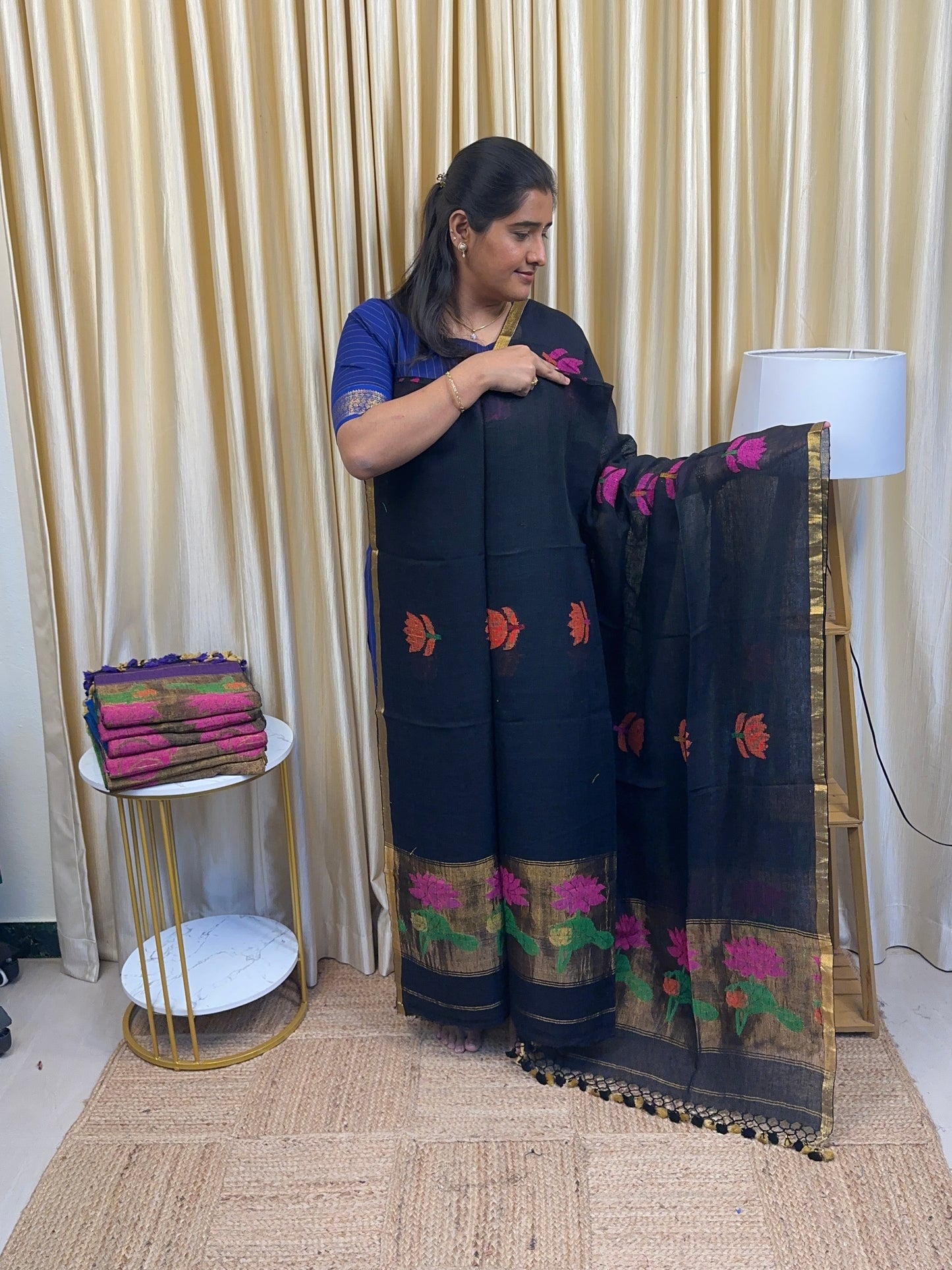 Linen Paithani Jamdhani Lotus [Handwork]-Black