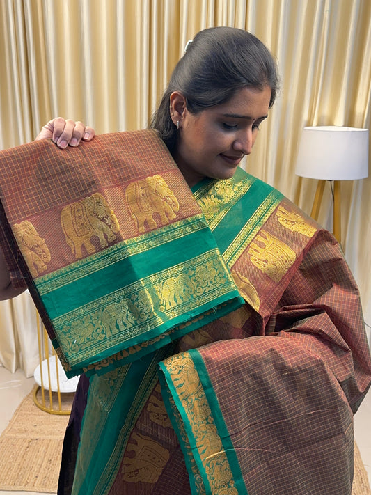 Coffee brown(Dual tone) and green elephant checks Chettinad cotton