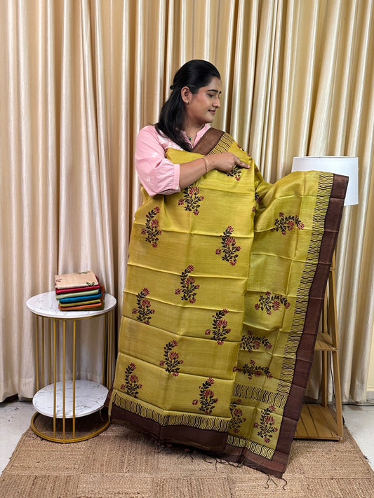 Pure handloom Tussar silk hand block printed dress material-TSB 8