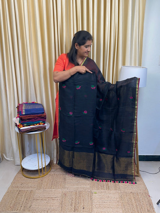 ZARA Rose Linen Jamdhani [handwork ] - black