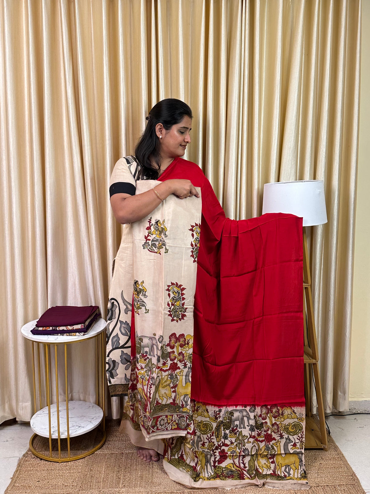 Kalamkari block printed Banglore silk 2 piece set-BSK3