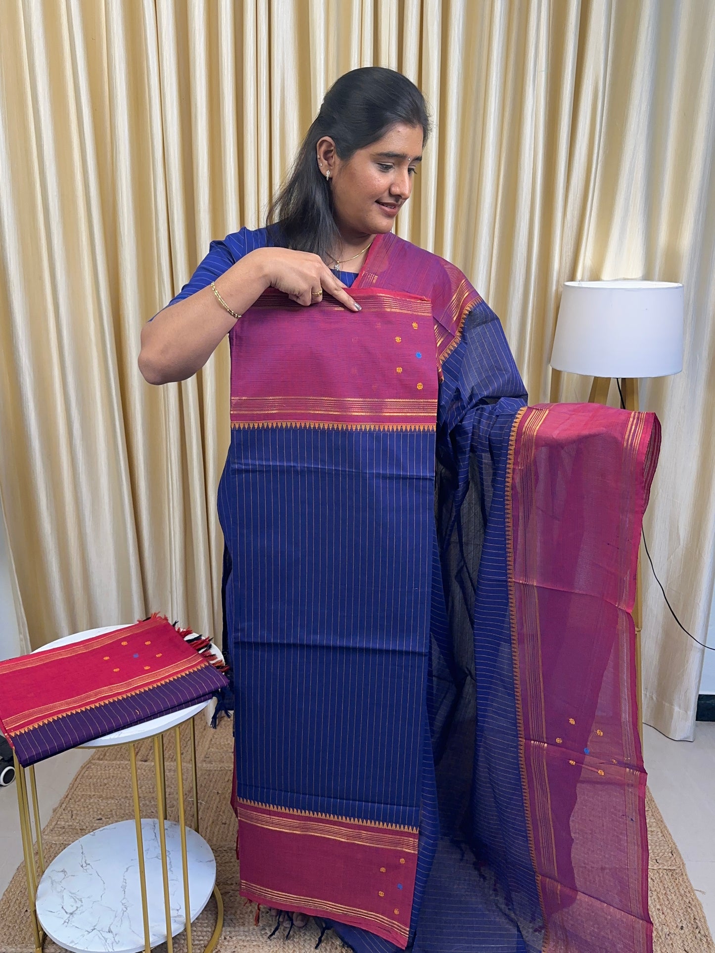 Royal blue and pink stripes Chettinad cotton (with butta )
