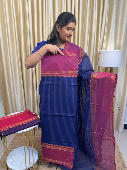 Royal blue and pink stripes Chettinad cotton (with butta )