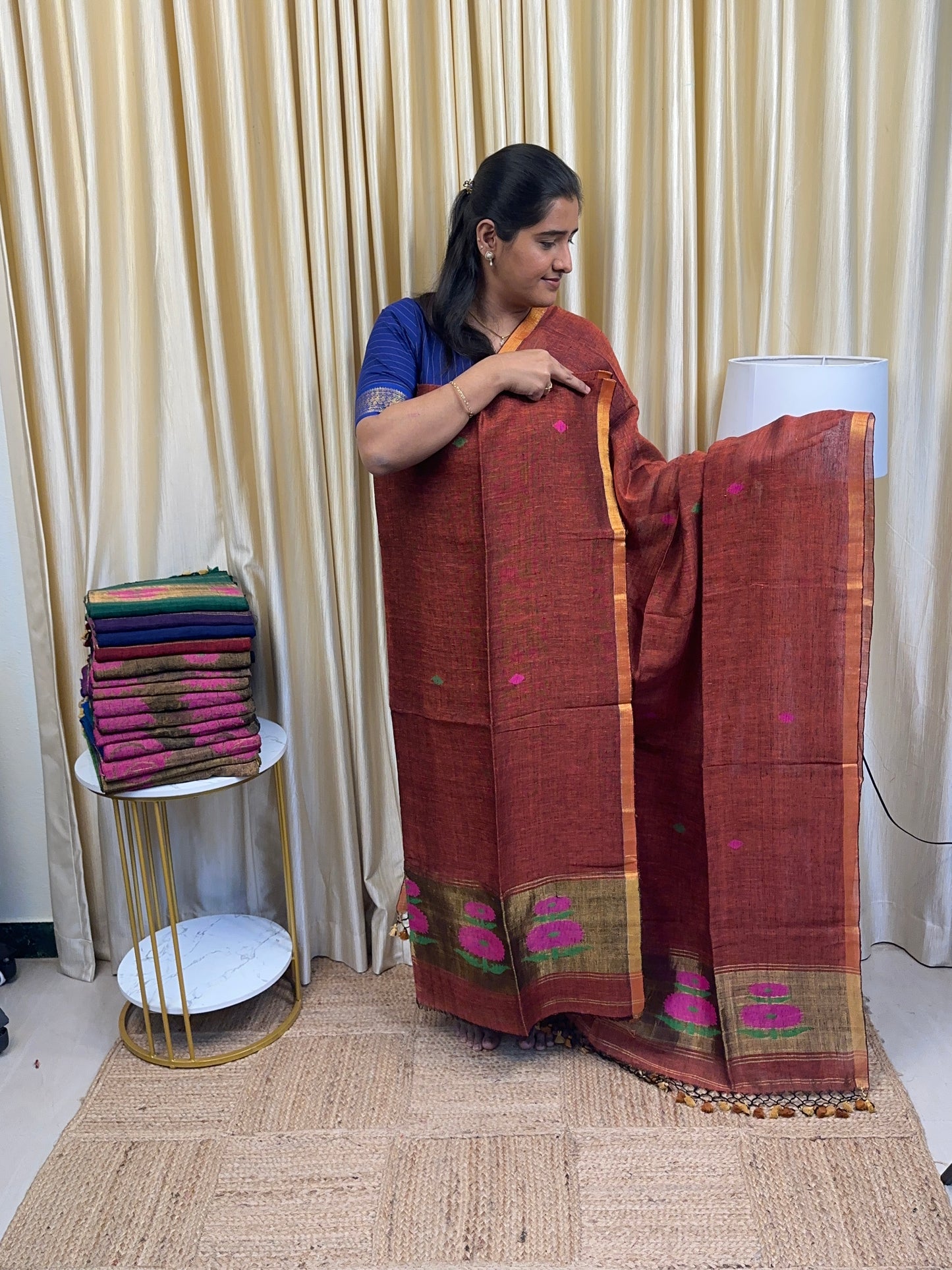 Linen Paithani Jamdhani Sunflower [Handwork]-orange