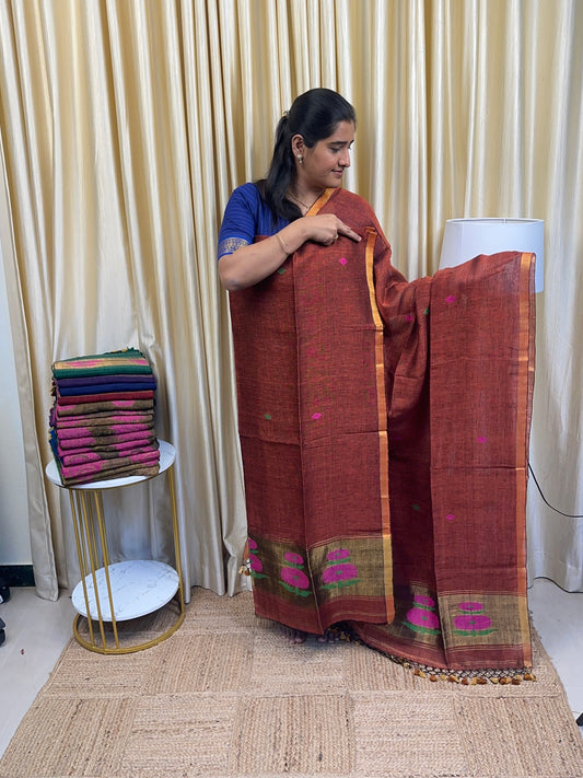 Linen Paithani Jamdhani Sunflower [Handwork]-orange