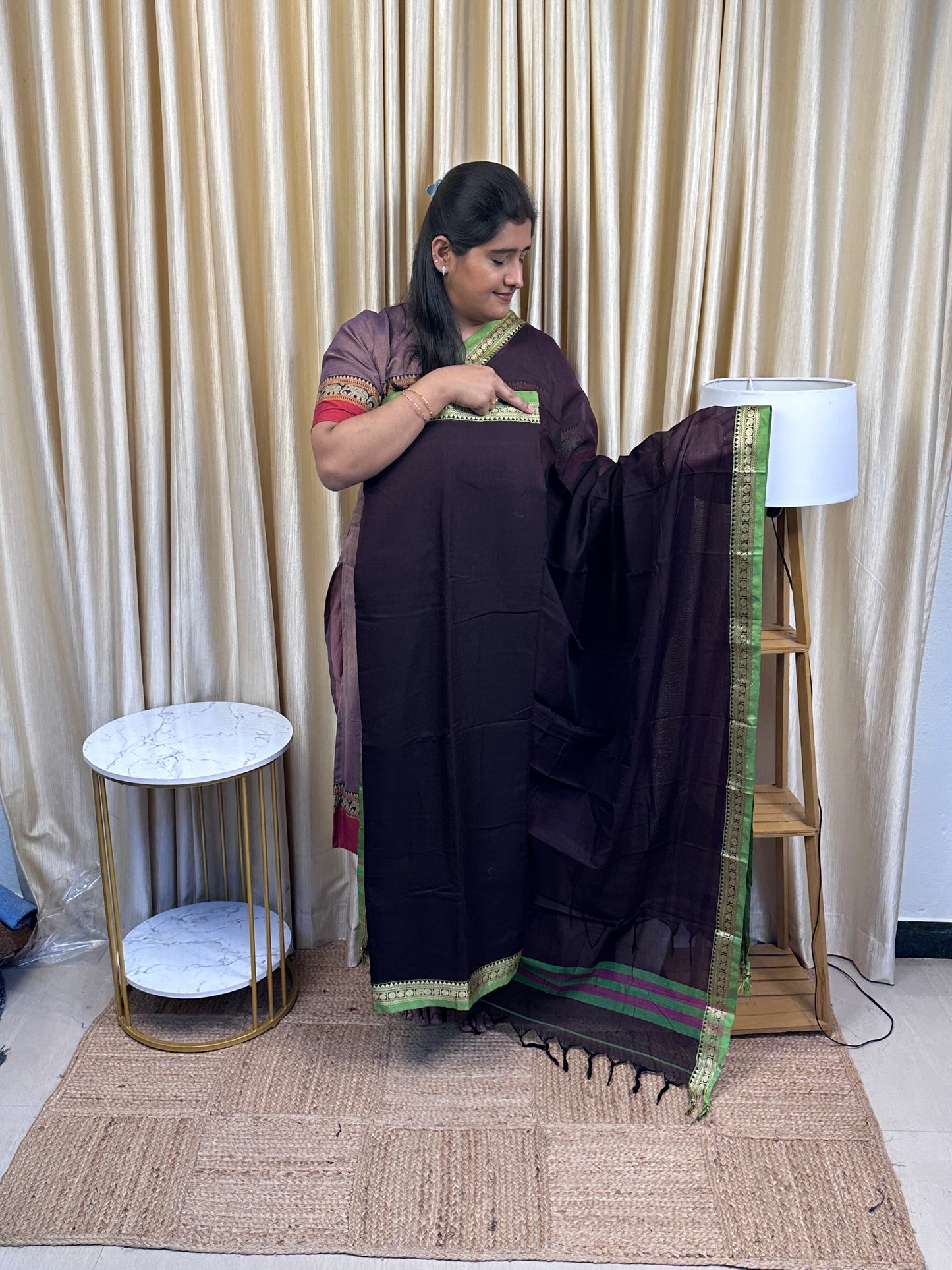 Narayanpet  dress material coffee brown and green(4.5m top) - IVAL35