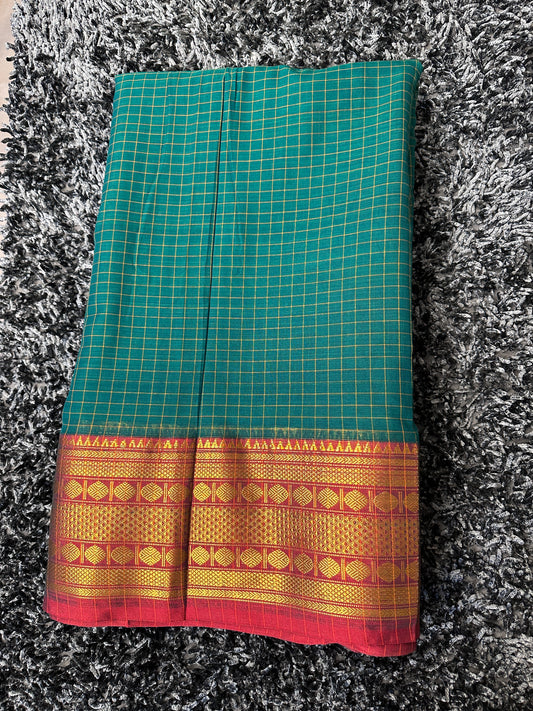 Narayanpet Royal border checks fabric 1 meter cut  - Peacock green