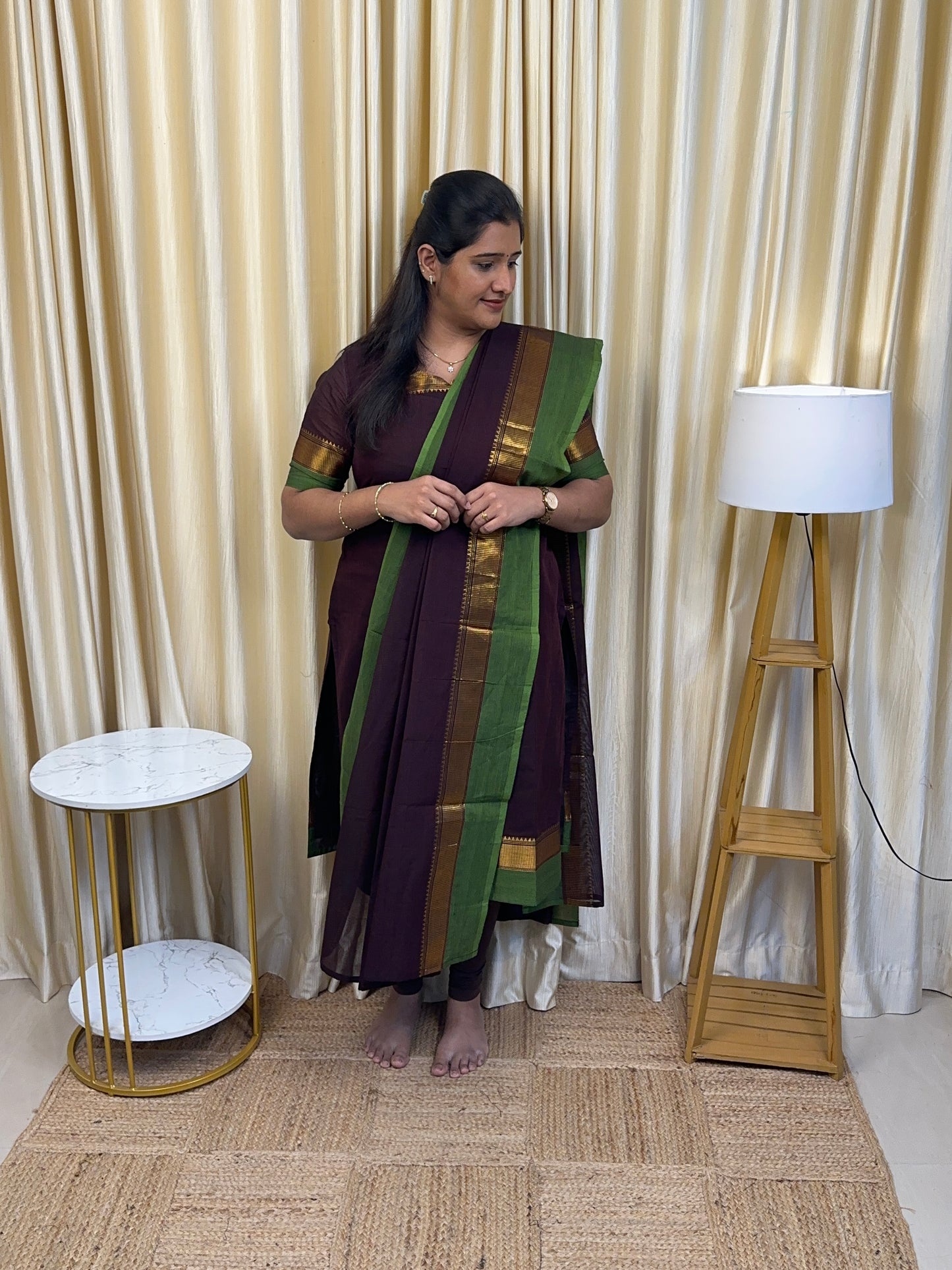 Coffee brown and green Chettinad unstitched suit