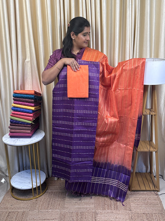 Semi matka tussar [purple and orange  ]3 piece set