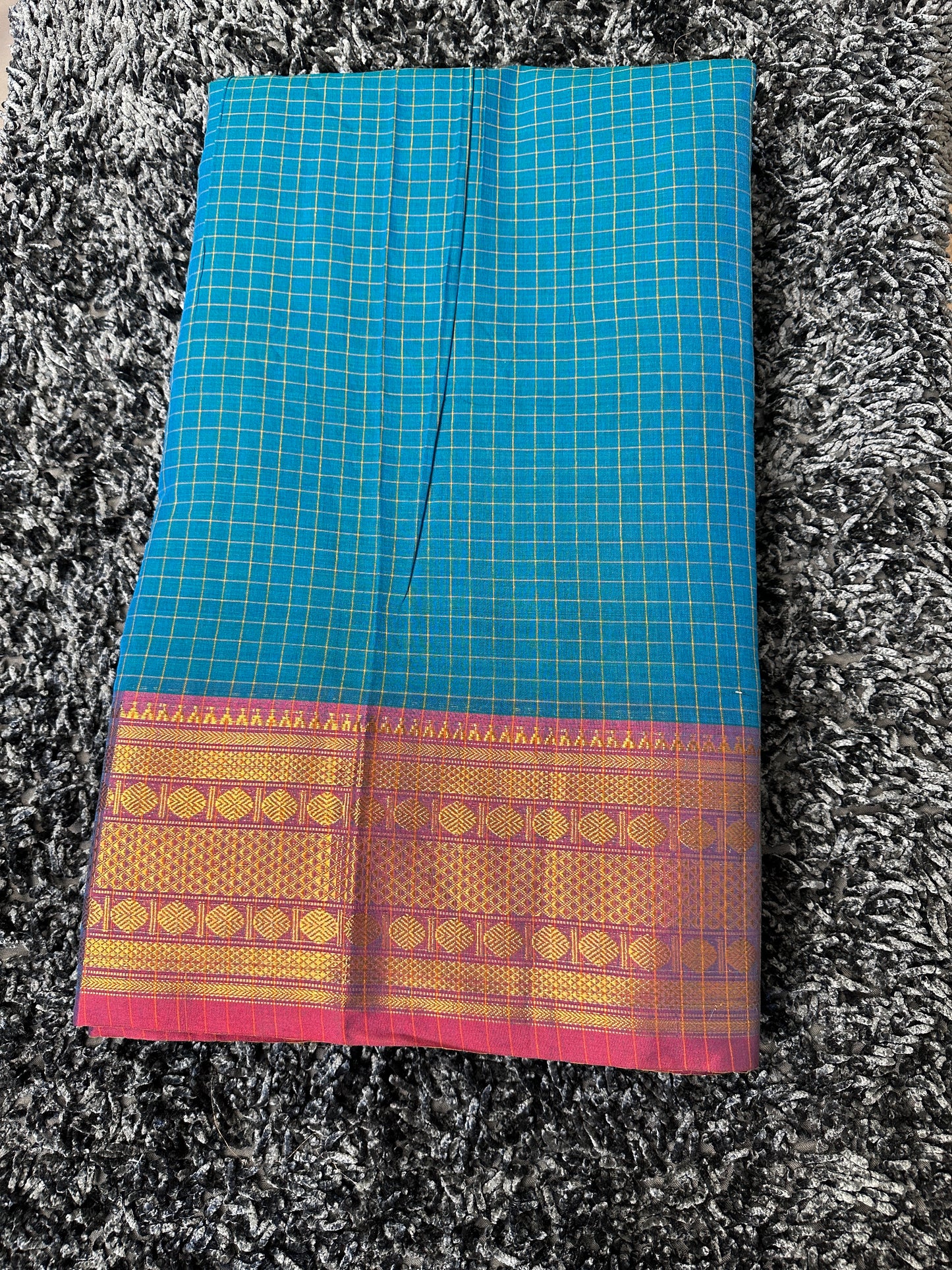 Narayanpet Royal border checks fabric 1 meter cut  - Light blue