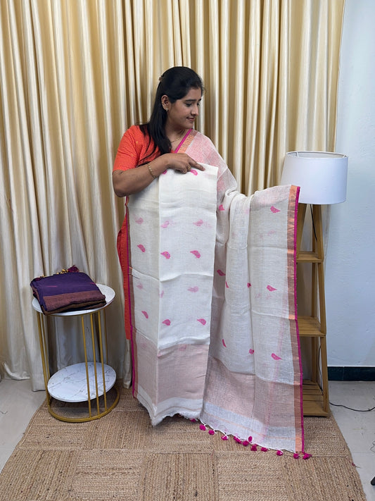 ZARA Leaf  Linen Jamdhani [handwork ] - white