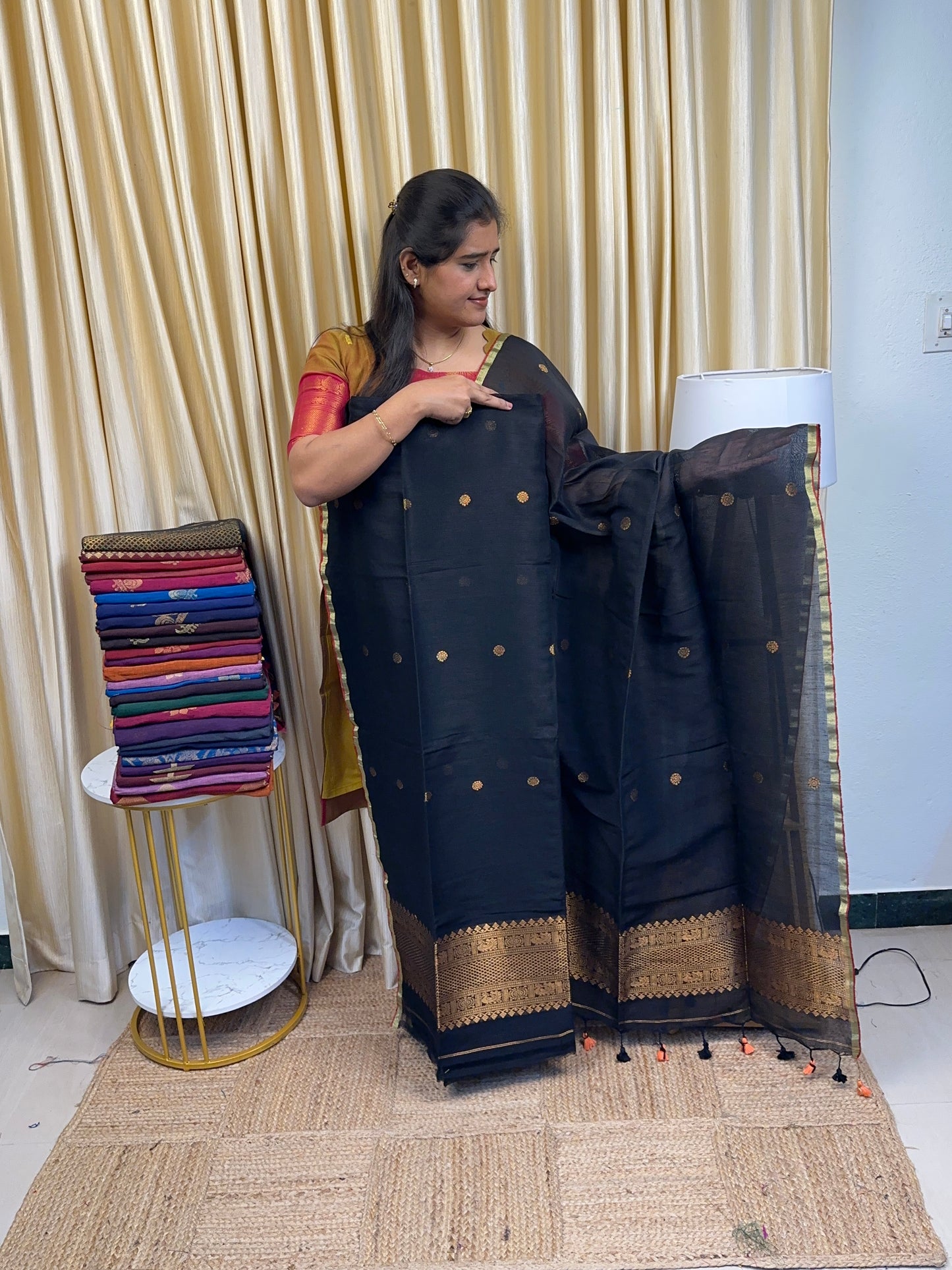 Linen Banarasi Jamdhani-Copper Black