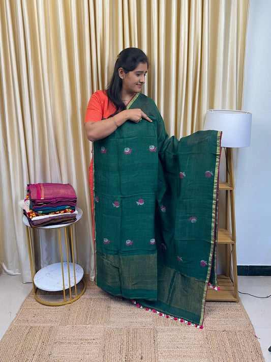 ZARA Rose Linen Jamdhani [handwork ] - Emerald