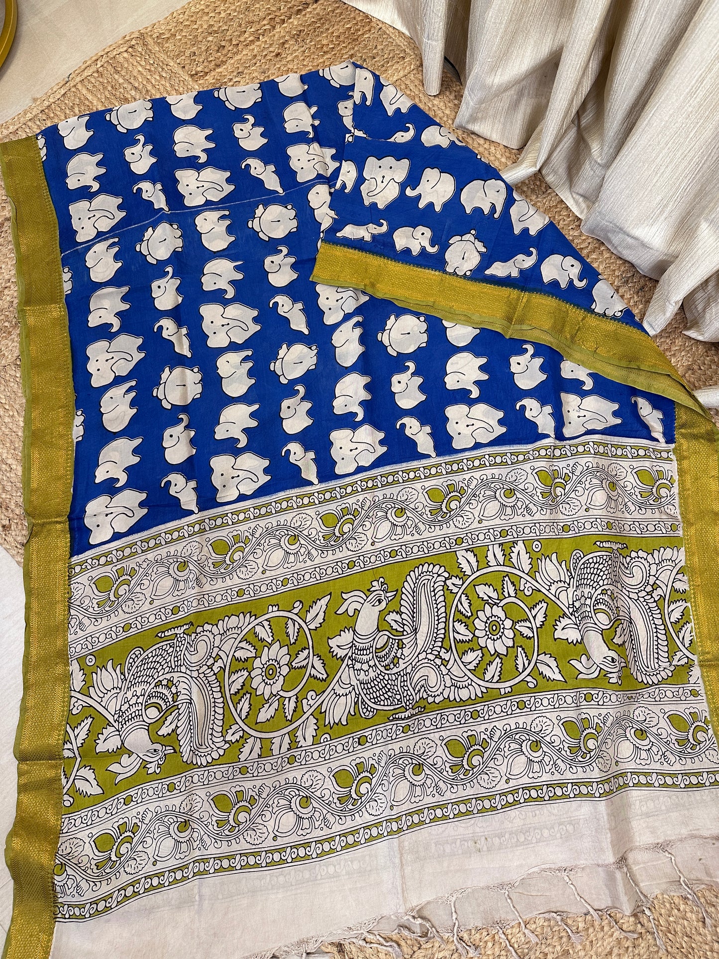 Chennuri silk Kalamkari duppata Elephant -Blue