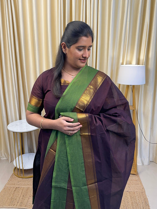 Coffee brown and green Chettinad unstitched suit