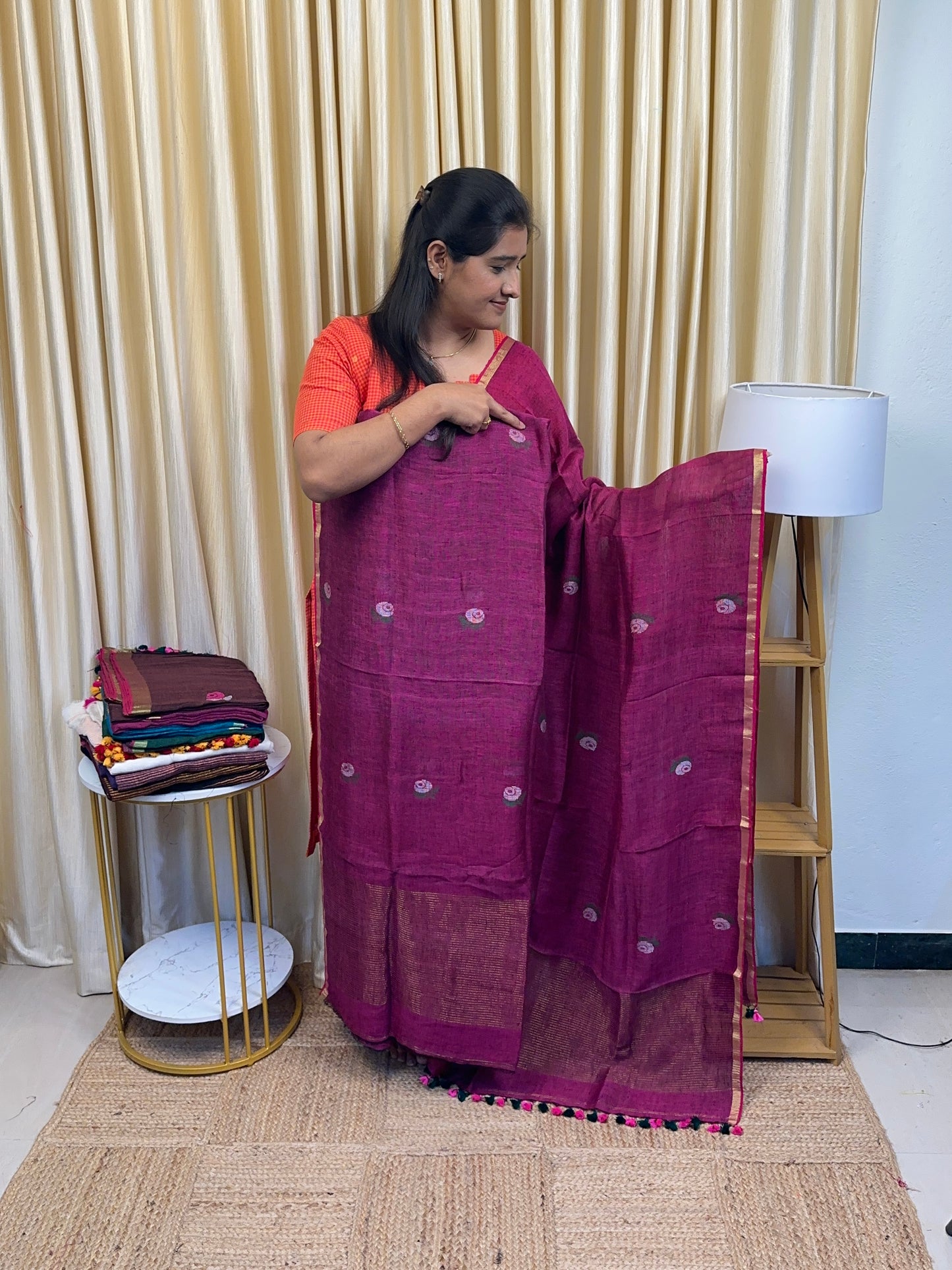 ZARA Rose Linen Jamdhani [handwork ] - Beetroot