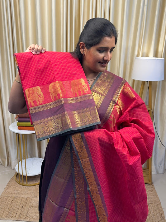 Pink elephant checks Chettinad cotton