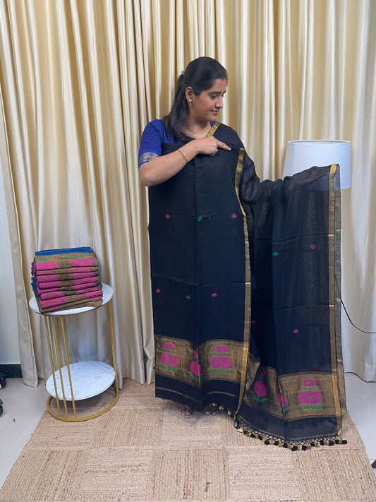 Linen Paithani Jamdhani Sunflower[Handwork]-Black