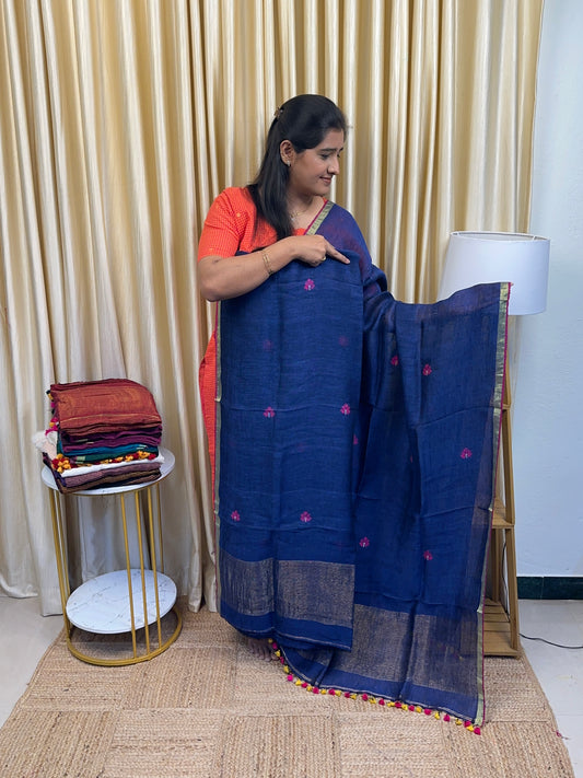 ZARA Arali Linen Jamdhani [handwork ] - Royal blue