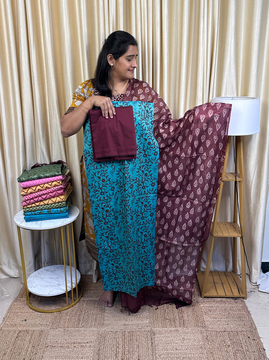 Jute by cotton block printed 3 piece set- JTC 1