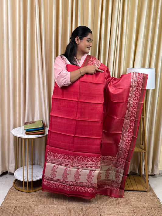 Pure handloom Tussar silk hand block printed dress material-TSB 10