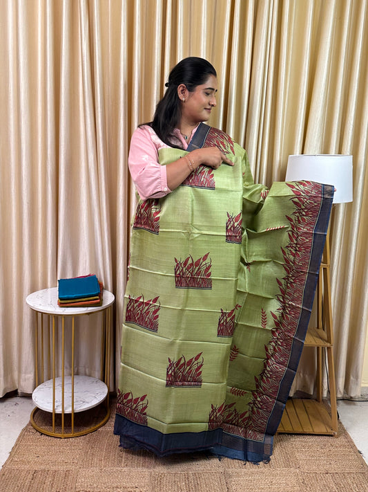 Pure handloom Tussar silk hand block printed dress material-TSB 11