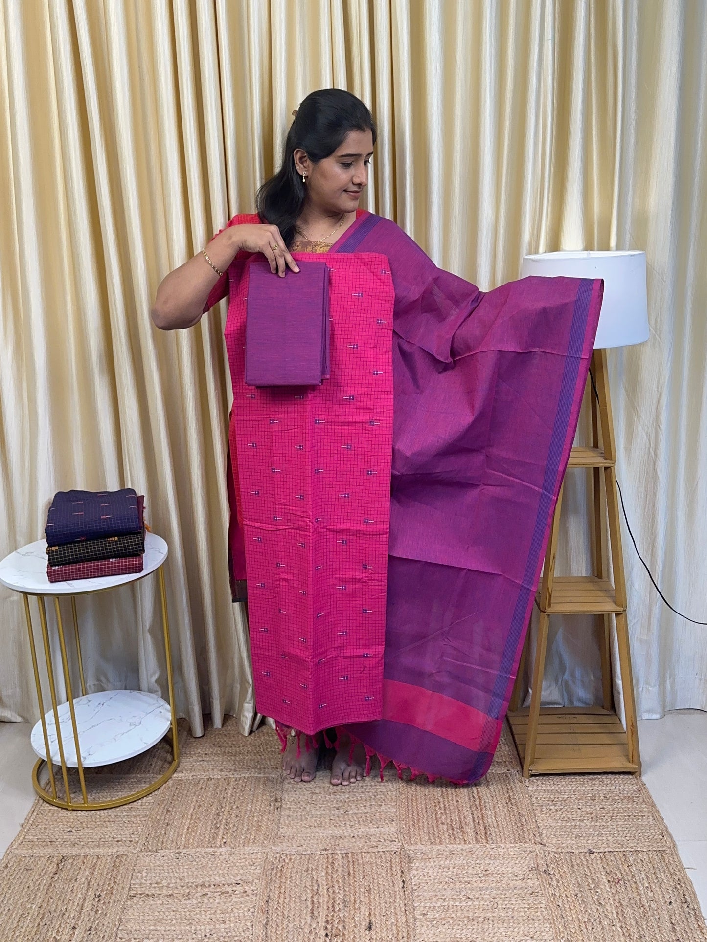 Pink purple checks handloom cotton 3 piece set