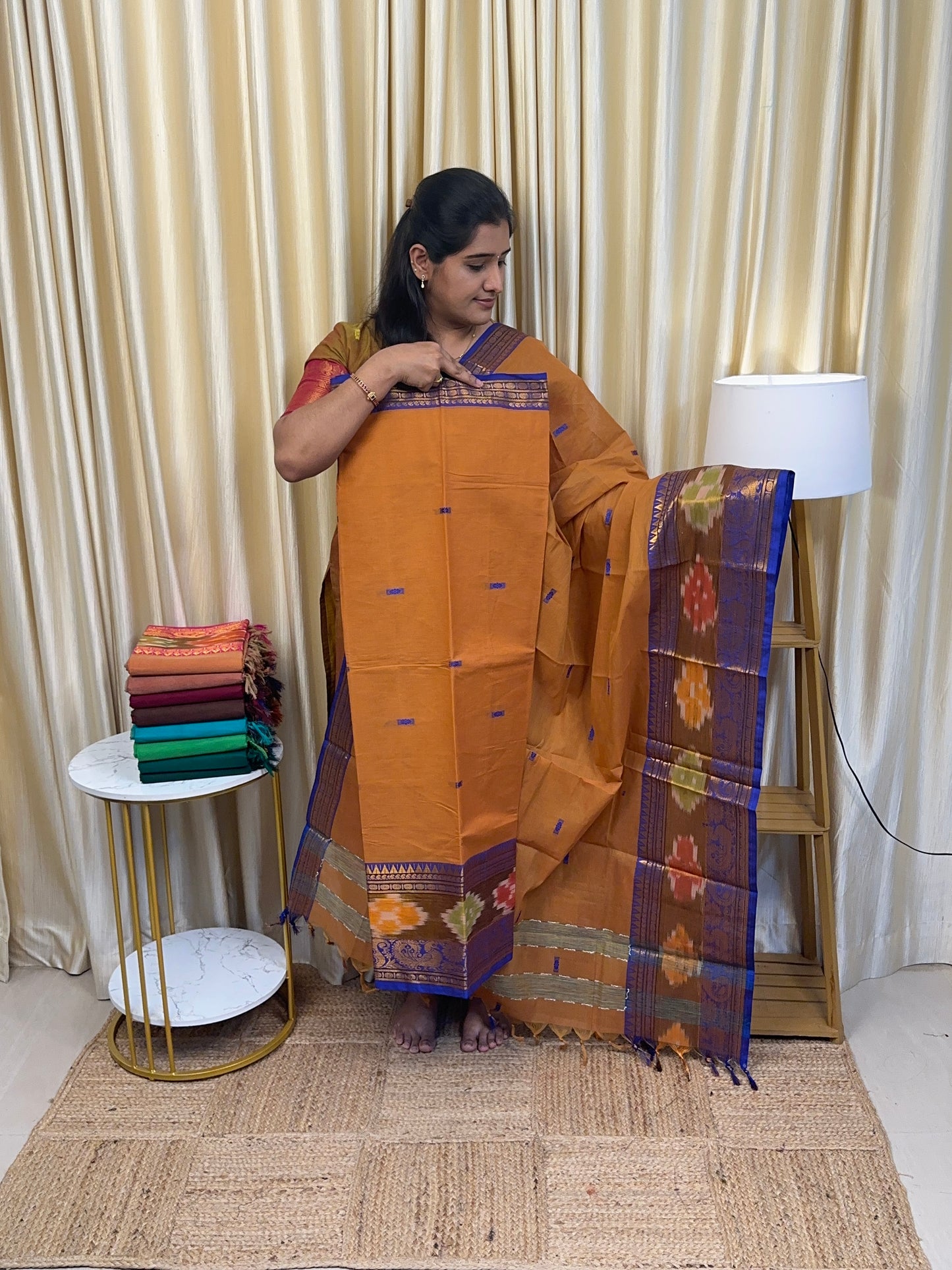 Dual Mustard with blue Pochampalli border kanchi cotton
