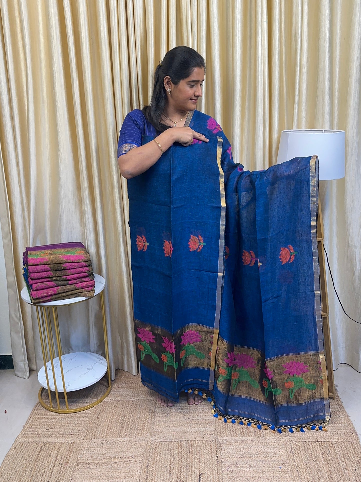 Linen Paithani Jamdhani Lotus [Handwork]-Blue