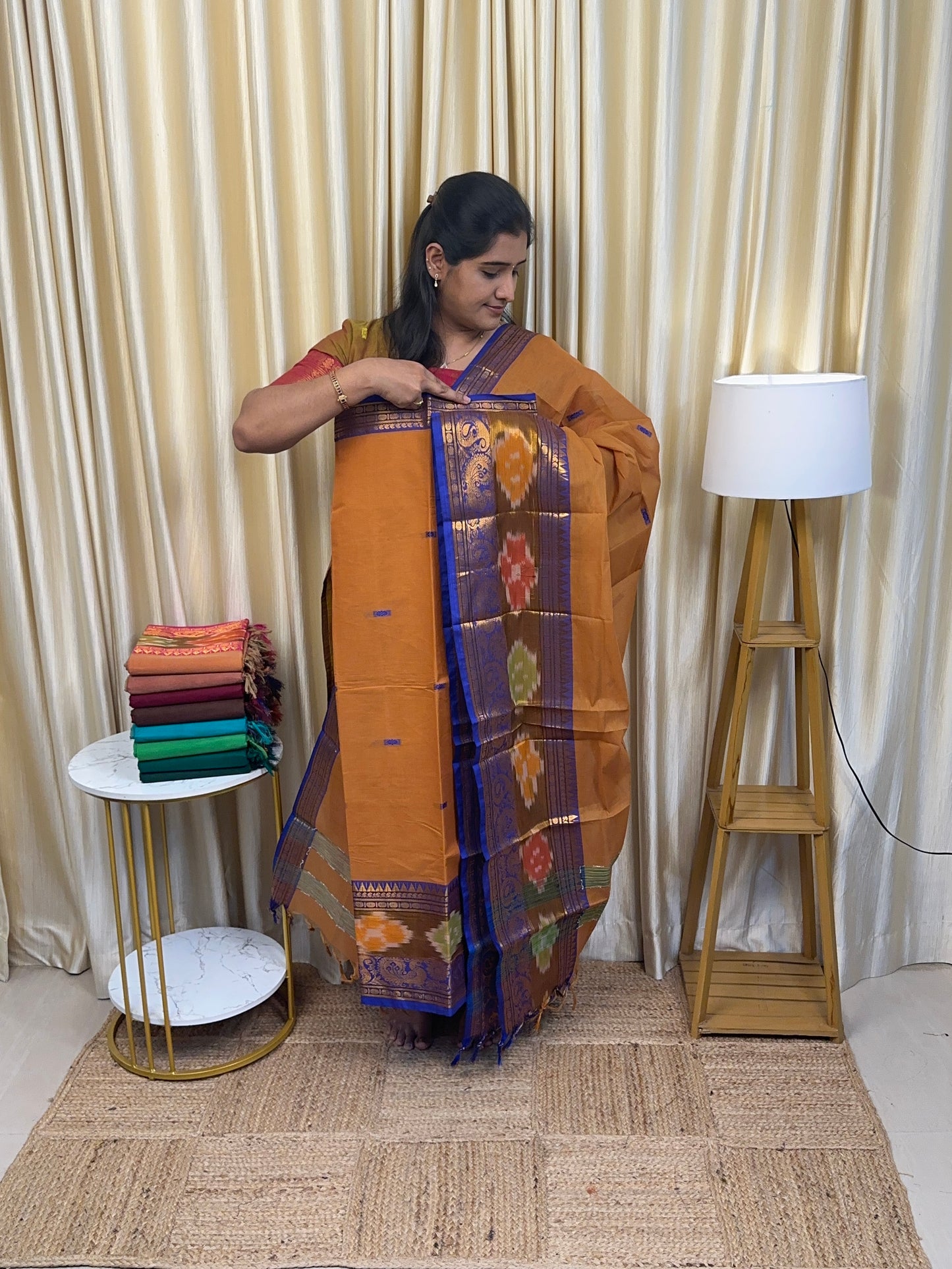 Dual Mustard with blue Pochampalli border kanchi cotton