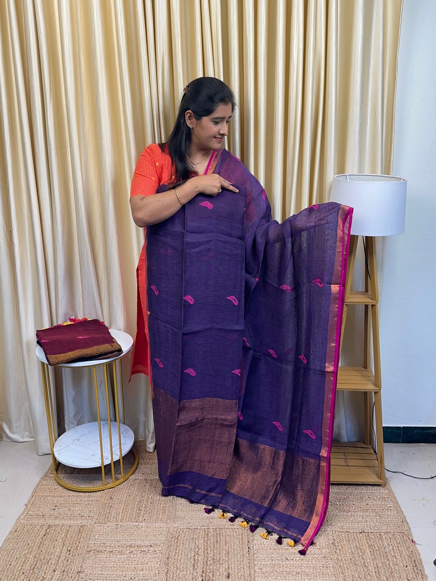 ZARA Leaf Linen Jamdhani [handwork ] - purple