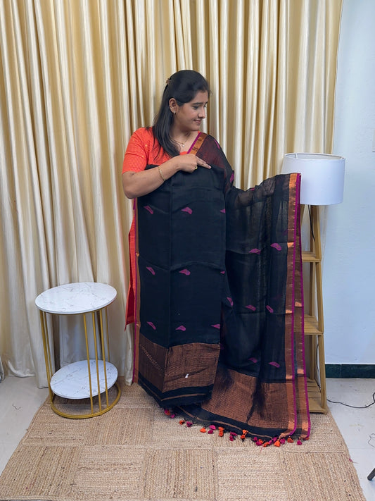 ZARA Leaf Linen Jamdhani [handwork ] - Copper Black