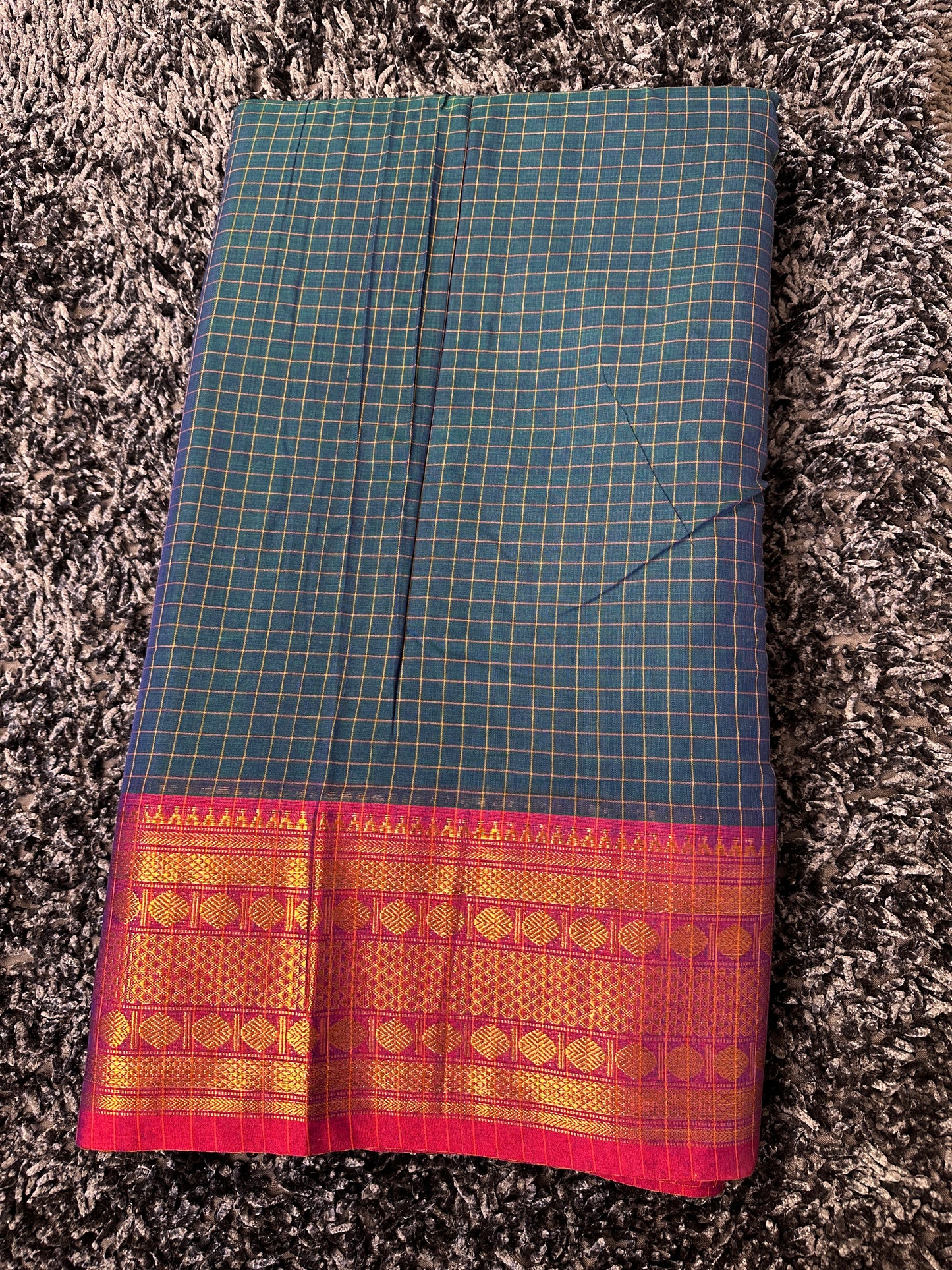 Narayanpet Royal border checks fabric 1 meter cut  - Dark blue