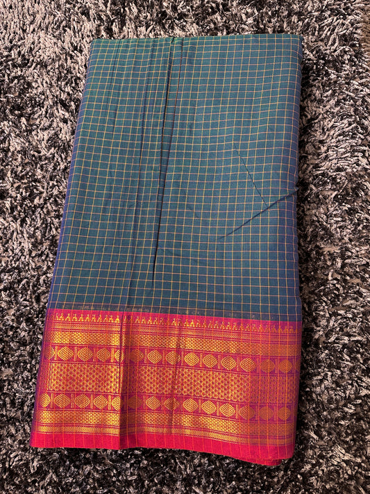 Narayanpet Royal border checks fabric 1 meter cut  - Dark blue