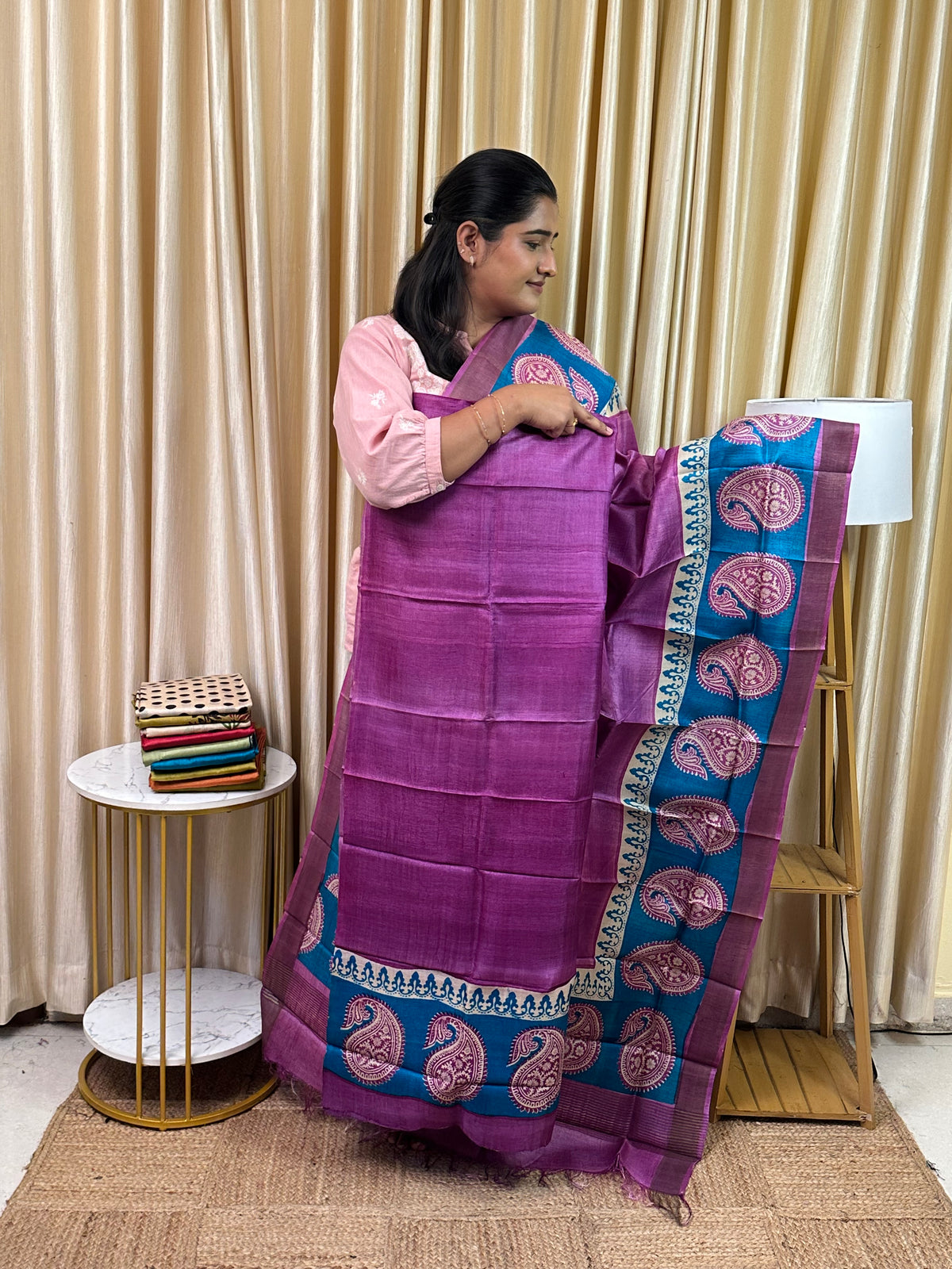 Pure handloom Tussar silk hand block printed dress material-TSB 6