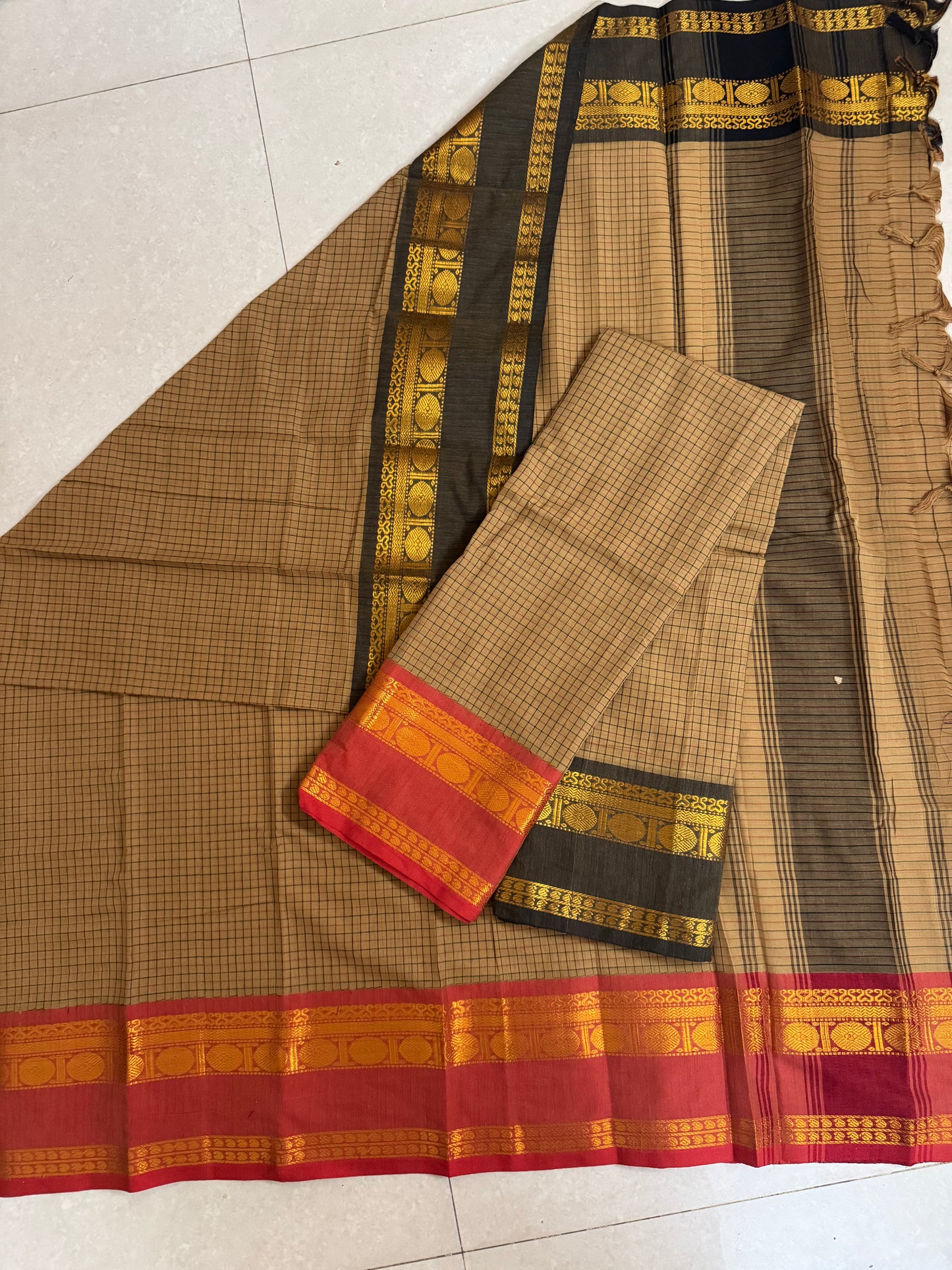 Beige  Checks Narayanpet dress material [2 piece set ]