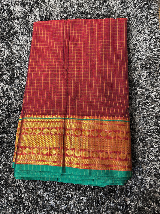 Narayanpet Royal border checks fabric 1 meter cut  - Maroon